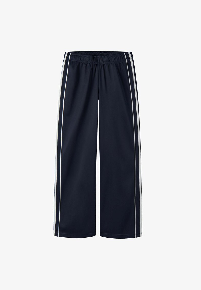 Pantalon bleu marine à jambes larges avec bandes blanches latérales et taille élastique, présenté sur fond blanc.