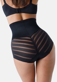 Shapewear nero a vita alta con pannelli a strisce trasparenti, caratterizzato da un tessuto morbido e una vita elastica per comfort e supporto.