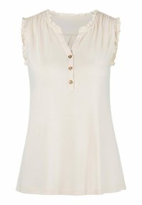 Blusa sin mangas color crema con bordes con volantes en los hombros y el escote, que presenta tres botones en el frente y un ajuste suelto y fluido.