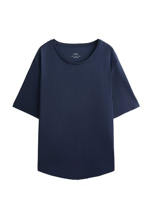 Navyblauw t-shirt met korte mouwen en een brede ronde halslijn, gemaakt van een gladde stof, met een losse pasvorm en een afgeronde zoom.