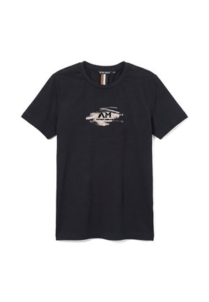 Camiseta negra de manga corta con cuello redondo con un logo abstracto en beige y negro y texto "Antony Morato" centrado en el pecho.