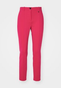 Strakke roze broeken gemaakt van een glad materiaal, met een centrale plooi, knoopsluiting en riemlussen.