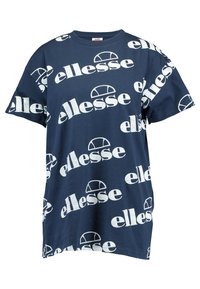 Navy blue cotton t-shirt with white "ellesse" logo and emblem repeated in a pattern; short sleeves, crew neck, loose fit.