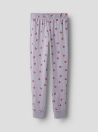 Ανοιχτό μωβ παντελόνι πιτζάμας με ελαστική μέση και ριμπ μανσέτες, με μοτίβο από μικρές κόκκινες καρδιές κατανεμημένες ομοιόμορφα σε όλο το ύφασμα.