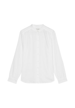 Weißes langärmliges Hemdbluse mit Stehkragen, Raffung an den Schultern und geknöpften Ärmeln. Glattes, leichtes Material.