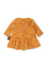 Langärmliges Kleid in Senfgelb mit einem Blatt- und Sternenmuster. Aus weichem Stoff gefertigt, mit einem gestuften Rock und Rundhalsausschnitt.