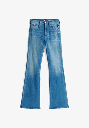 Zwane dżinsy niebieskie z rozszerzonym dołem, w jasnym odcieniu, z pięcioma kieszeniami, z zapięciem na guzik i prostym krojem na dolnym pasku.