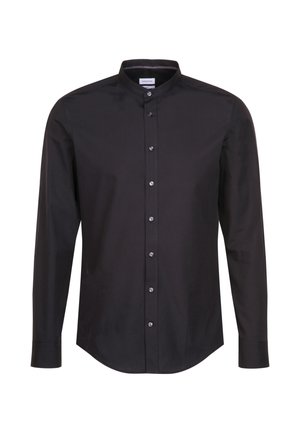 Camicia nera a maniche lunghe realizzata in tessuto morbido, con colletto a punta e chiusura con bottoni frontali, orlo arrotondato e senza motivi visibili.