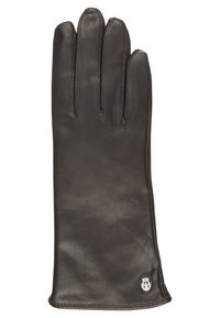 Schwarzer Lederhandschuh mit Fünf-Finger-Design, das eine ordentliche Naht und ein kleines Markenlogo in der Nähe des Handgelenks aufweist. Glatte Textur.