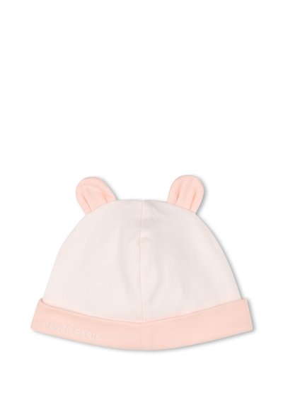 Béret en coton rose avec de petites pattes d'oreilles et un ourlet roulé. Présente "KENZO PARIS" en blanc à l'avant. Texture douce et design simple.