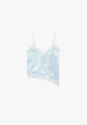 Light blue satin camisole with thin straps, lace trim along neckline and hem, and an asymmetric bottom edge.