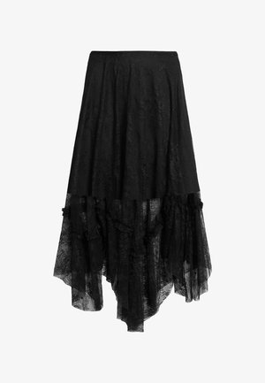 Black lace skirt with a high-low hemline, featuring ruffled accents and a textured fabric design. Flowy and layered construction.