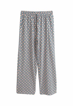 Musteriga püksid elastse vöökohaga, millel on geomeetriline mustriga disain tumesinise, koralli ja valgete toonidega kergel kangal.