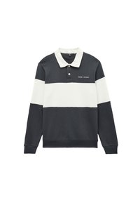 Dunkelgraues und weißes Langarm-Polo mit Kragen, das horizontale Streifen und eine gestickte Textdetail auf der Brust aufweist.