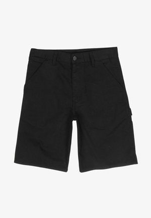 Calções pretos feitos de algodão, com frente lisa, dois bolsos laterais, fecho com botão e um bolso cargo lateral para armazenamento adicional.