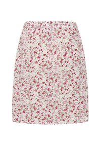 Blumenrock mit elastischem Bund, verfügt über einen weißen Hintergrund, der mit kleinen rosa und grünen Blumen geschmückt ist, aus leichtem Stoff, knielang.