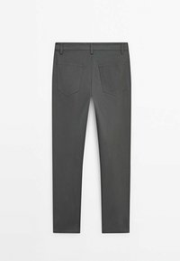 Gray cotton stretch pants with a slim fit, featuring two back pockets and a smooth texture. Straight leg design with a simple waistband.