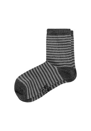 Gestreifte Socken in Schwarz und Grau mit glitzernder Textur. Sie verfügen über kontrastierende horizontale Streifen und eine einfarbige Spitze.