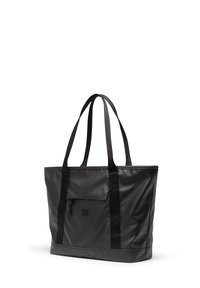 Black tote bag made of smooth, durable material with sturdy fabric straps and a front pocket. Features a rectangular shape and minimal branding.