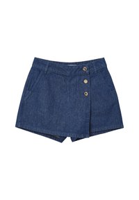 Shorts in denim di colore blu scuro, con bottone frontale e due tasche laterali. L'orlo è dritto, creando una forma strutturata.