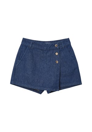 Shorts en denim de couleur bleu foncé, avec détail de bouton sur le devant et deux poches latérales. L'ourlet est droit, créant une forme structurée.