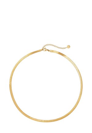 Collar de cadena plana tipo serpiente en tono dorado con cierre de langosta y cadena extensible ajustable sobre fondo blanco.