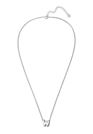 Silberne Halskette mit einer dünnen Kette und einem geschwungenen Buchstaben "W" Anhänger. Verstellbare Länge mit einem Verschluss und Verlängerungskette.