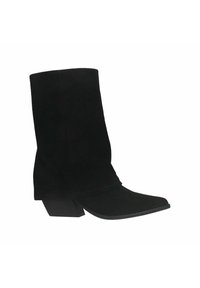 Zwarte suède enkellaarsjes met een vierkante neus en blokhak. Heeft een minimalistisch ontwerp met een gladde textuur en strakke lijnen.