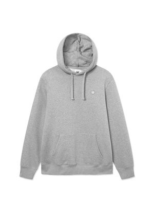 Pelēks kokvilnas džemperis ar priekšējo kabatu, regulējamu kapuci un mazu logo krūtīs. Mīksta tekstūra un brīva piegriezuma.