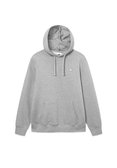Gray cotton hoodie with a front pouch pocket, drawstring hood, and small logo on the chest. Soft texture and relaxed fit.