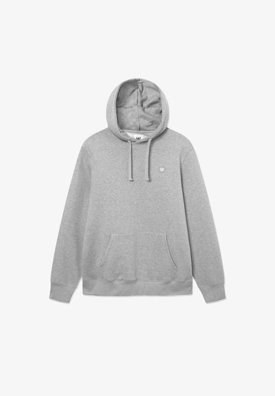 Gray cotton hoodie with a front pouch pocket, drawstring hood, and small logo on the chest. Soft texture and relaxed fit.