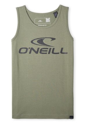 Oliwkowa bezrękawnikowa koszulka tank top z czarnym logo O'Neill i grafiką fali na środku klatki piersiowej, klasyczny krój, rozmiar EU 152.