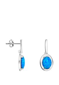 Silverörhängen med runda blå opalinlägg, hängande från en låsmekanism. Stenarna har ett marmorerat mönster och en glänsande yta.