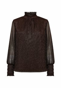 Ruda ilgomis rankovėmis bluzon su aukštu smulkintu apykakle, tekstūruotu audiniu ir permatomomis rankovėmis, su surinktomis rankogaliais ir subtiliu blizgesiu.