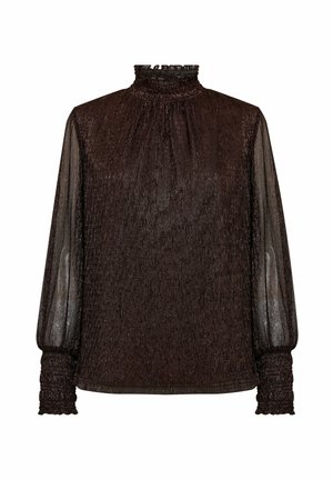Braune langärmlige Bluse mit hohem gerafftem Kragen, strukturiertem Stoff und transparenten Ärmeln, die gesammelte Manschetten und einen subtilen Schimmer aufweisen.