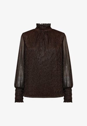 Braune langärmlige Bluse mit hohem gerafftem Kragen, strukturiertem Stoff und transparenten Ärmeln, die gesammelte Manschetten und einen subtilen Schimmer aufweisen.