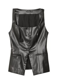 Schwarze Kunstlederweste mit tailliertem Design, sechs Frontknöpfen und zwei Seitentaschen. Sanfte Textur mit einfarbigem Finish.