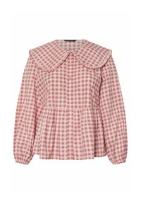 Rosa rutigt skjort med stor, volangkrage, knappstängning fram och samlad midja, med långa puffärmar. Tillverkad av lättviktigt tyg.