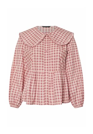 Roze geruit shirt met grote, gefronste kraag, knoopsluiting aan de voorkant en een verzamelde taille, met lange pofmouwen. Gemaakt van lichtgewicht stof.