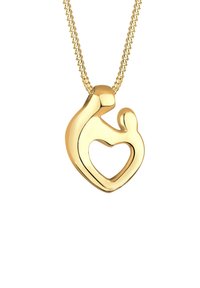 Goldene Anhängerkette mit einem geschwungenen Design in Form eines offenen Herzens, befestigt an einer strukturierten Kette. Elegant und hochglanzpoliert.