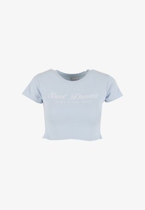Jasnoniebieski krótki t-shirt wykonany z miękkiej tkaniny. Posiada okrągły dekolt i krótkie rękawy. Na przodzie biały nadruk z napisem "Street Dreams".