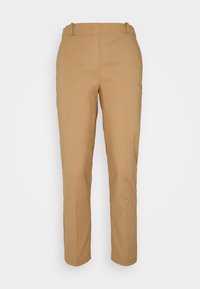 Pantalons beiges avec une coupe droite, dotés d'une taille avec passants de ceinture et de détails de couture subtils. Texture de tissu lisse.