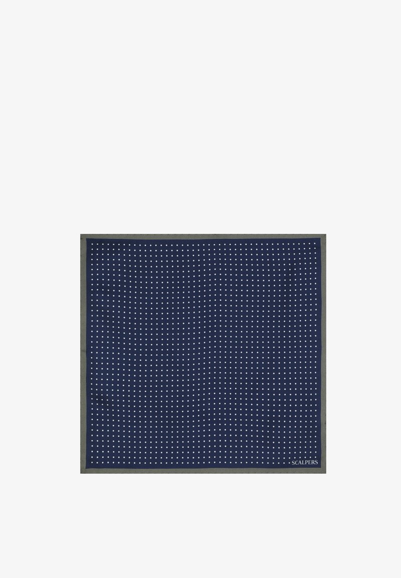 Marineblauer Schal mit einem weißen Punktemuster, umrandet mit einem grauen Rand, aus weichem Material gefertigt. Markenname in der unteren Ecke angezeigt.