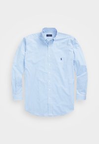 Herrarskjorta med lång ärm och knappar, i ljusblå och vita vertikala ränder, tillverkad av mjuk bomull, med klassisk krage och liten logotypaccent.