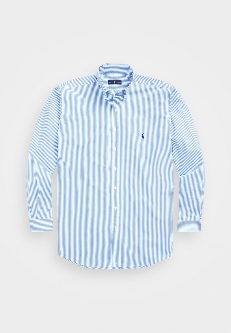 Herrarskjorta med lång ärm och knappar, i ljusblå och vita vertikala ränder, tillverkad av mjuk bomull, med klassisk krage och liten logotypaccent.