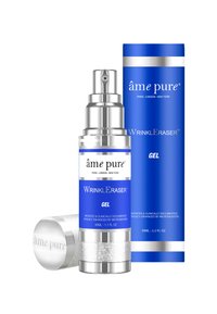 En sølvfarvet pumpeflaske med en blå etiket, der står "WrinklEraser Gel", ledsaget af en matchende cylindrisk æske. Begge har et slankt, moderne design.