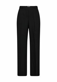 Pantaloni formali neri realizzati in tessuto liscio, con una vestibilità dritta, vita e senza motivi o decorazioni visibili.