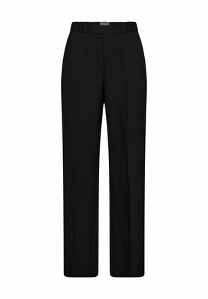 Zwarte formele broek gemaakt van gladde stof, met een rechte snit, een tailleband en geen zichtbare patronen of versieringen.