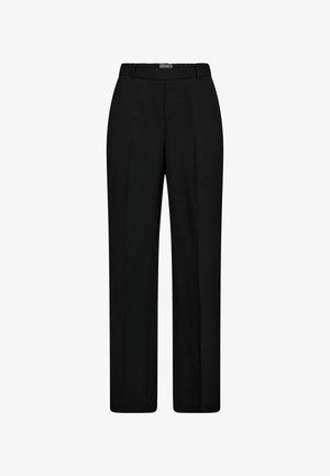 Black formal trousers made of smooth fabric, featuring a straight cut, a waistband, and no visible patterns or embellishments.