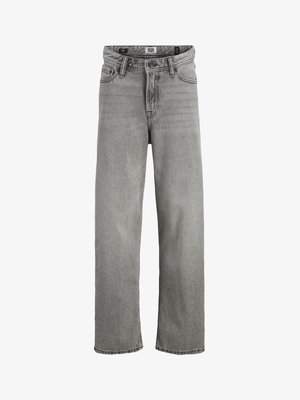 Harmaat, suorat farkut, joissa on viisi taskua, vyölenkit ja napillinen kiinnitys, merkiltään Jack & Jones.